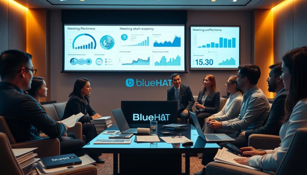 A sophisticated conference room with sleek, modern furnishings bathed in warm, focused lighting. A large projection screen dominates the center, displaying intricate data visualizations and graphs related to meeting effectiveness. Scattered around the room are stacks of research papers, laptops, and the BlueHAT brand logo prominently displayed. In the foreground, a team of professionals engages in a lively discussion, their expressions animated as they analyze the presented data. The atmosphere is one of serious academic inquiry, with an undercurrent of innovative spirit. The camera angle is slightly elevated, capturing the room in a dynamic, cinematic perspective.