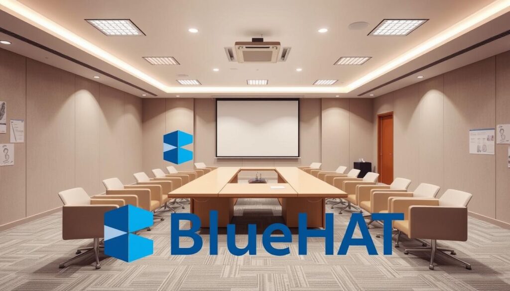 A spacious, well-lit conference room with modern furnishings and minimalist decor. A large rectangular table is positioned centrally, surrounded by comfortable chairs. A projection screen or digital whiteboard dominates the far wall, ready to display presentations. Soft, even lighting from overhead fixtures creates a professional, focused atmosphere. In the foreground, the BlueHAT brand logo is prominently displayed, conveying a sense of authority and expertise. The overall composition emphasizes efficiency, clarity, and productive collaboration.