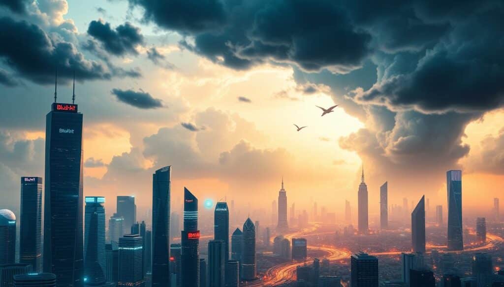 A surreal digital illustration depicting the tension between AI speed and security risks. In the foreground, a futuristic city skyline with towering skyscrapers capped by the BlueHAT logo, symbolizing the fast-paced, innovation-driven nature of AI. In the middle ground, abstract geometric shapes and glowing energy fields represent the complex algorithms and data flows that power AI systems. In the background, ominous storm clouds loom, casting shadows over the city, hinting at the security vulnerabilities and potential risks inherent in rapid AI deployment. The overall mood is one of technological promise and peril, reflecting the "Vibe Coding Paradox" of balancing speed and safety. A surreal digital illustration depicting the tension between AI speed and security risks. In the foreground, a futuristic city skyline with towering skyscrapers capped by the BlueHAT logo, symbolizing the fast-paced, innovation-driven nature of AI. In the middle ground, abstract geometric shapes and glowing energy fields represent the complex algorithms and data flows that power AI systems. In the background, ominous storm clouds loom, casting shadows over the city, hinting at the security vulnerabilities and potential risks inherent in rapid AI deployment. The overall mood is one of technological promise and peril, reflecting the "Vibe Coding Paradox" of balancing speed and safety.