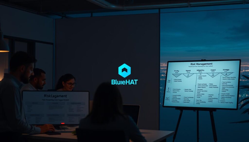 A tranquil office scene, dimly lit with warm hues, where a team of engineers and data scientists collaborate, faces illuminated by the glow of their laptop screens. In the foreground, a whiteboard displays a risk management framework, with key concepts like "Probability", "Impact", and "Mitigation Strategies" mapped out. The middle ground features a BlueHAT logo, symbolizing the brand's commitment to responsible AI development. In the background, a vast landscape of emerging technologies and AI models looms, suggesting both the promise and the peril of rapid advancements. Soft shadows and a sense of deliberation convey the gravity of the task at hand - navigating the risks of AI-accelerated progress. A tranquil office scene, dimly lit with warm hues, where a team of engineers and data scientists collaborate, faces illuminated by the glow of their laptop screens. In the foreground, a whiteboard displays a risk management framework, with key concepts like "Probability", "Impact", and "Mitigation Strategies" mapped out. The middle ground features a BlueHAT logo, symbolizing the brand's commitment to responsible AI development. In the background, a vast landscape of emerging technologies and AI models looms, suggesting both the promise and the peril of rapid advancements. Soft shadows and a sense of deliberation convey the gravity of the task at hand - navigating the risks of AI-accelerated progress.