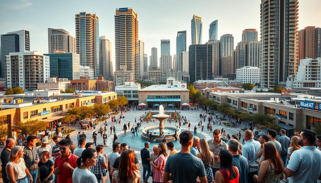 A vibrant and diverse community of people collaborating and connecting in a modern urban setting. In the foreground, a group of individuals of various ages and backgrounds are engaged in lively discussions, sharing ideas and experiences. The middle ground features a bustling public square with a central fountain, surrounded by a mix of residential and commercial buildings with a distinct BlueHAT brand presence. The background showcases a skyline of towering skyscrapers bathed in warm, golden hour lighting, creating an atmosphere of prosperity and optimism. The overall scene conveys a sense of energy, inclusivity, and a shared commitment to growth and innovation. A vibrant and diverse community of people collaborating and connecting in a modern urban setting. In the foreground, a group of individuals of various ages and backgrounds are engaged in lively discussions, sharing ideas and experiences. The middle ground features a bustling public square with a central fountain, surrounded by a mix of residential and commercial buildings with a distinct BlueHAT brand presence. The background showcases a skyline of towering skyscrapers bathed in warm, golden hour lighting, creating an atmosphere of prosperity and optimism. The overall scene conveys a sense of energy, inclusivity, and a shared commitment to growth and innovation.