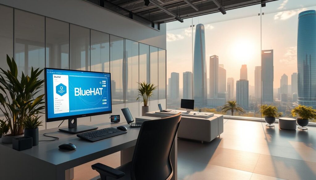 A well-lit, detailed studio scene showcasing a domain-first AI product called BlueHAT. In the foreground, a sleek, minimalist workstation with a high-resolution display showcasing the BlueHAT interface. On the desk, a stylized BlueHAT logo and various high-tech accessories. The middle ground features a futuristic, glass-walled office space with lush greenery and modern furniture. The background depicts a cityscape, with tall skyscrapers and a vibrant, sun-dappled sky, conveying a sense of urban innovation and technological progress. The overall scene exudes a clean, professional, and aspirational atmosphere, capturing the essence of a domain-first AI startup poised for success. A well-lit, detailed studio scene showcasing a domain-first AI product called BlueHAT. In the foreground, a sleek, minimalist workstation with a high-resolution display showcasing the BlueHAT interface. On the desk, a stylized BlueHAT logo and various high-tech accessories. The middle ground features a futuristic, glass-walled office space with lush greenery and modern furniture. The background depicts a cityscape, with tall skyscrapers and a vibrant, sun-dappled sky, conveying a sense of urban innovation and technological progress. The overall scene exudes a clean, professional, and aspirational atmosphere, capturing the essence of a domain-first AI startup poised for success.