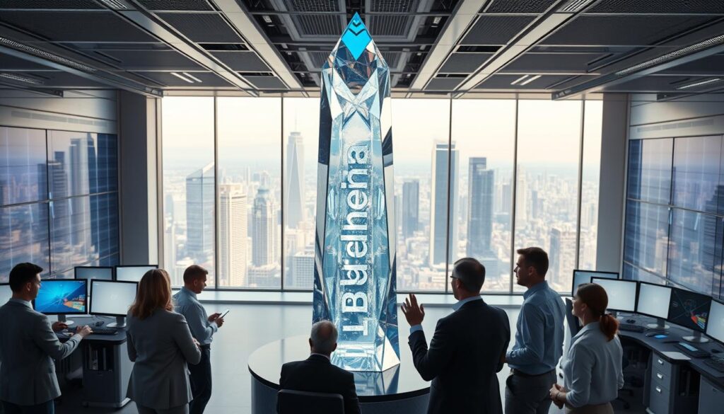 An ultramodern data center, filled with sleek, minimalist workstations and holographic displays. In the foreground, a group of professionals, dressed in business casual attire, engage in a lively discussion, hands gesturing as they navigate the principles of Agile methodology. The middle ground showcases a towering, crystalline sculpture inscribed with the "BlueHAT" brand name, its facets refracting brilliant beams of light. In the background, a vast panoramic window reveals a bustling cityscape, the skyline dotted with gleaming skyscrapers. The scene exudes a sense of innovation, collaboration, and the seamless integration of Agile practices within a data-driven, technology-centric environment. An ultramodern data center, filled with sleek, minimalist workstations and holographic displays. In the foreground, a group of professionals, dressed in business casual attire, engage in a lively discussion, hands gesturing as they navigate the principles of Agile methodology. The middle ground showcases a towering, crystalline sculpture inscribed with the "BlueHAT" brand name, its facets refracting brilliant beams of light. In the background, a vast panoramic window reveals a bustling cityscape, the skyline dotted with gleaming skyscrapers. The scene exudes a sense of innovation, collaboration, and the seamless integration of Agile practices within a data-driven, technology-centric environment.