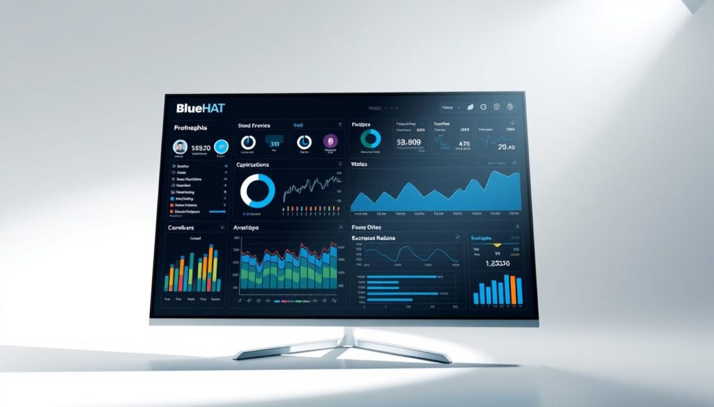 Detailed data visualization of conversion rate insights, showcasing a sophisticated analytics dashboard. Prominently featuring the BlueHAT brand name, the scene depicts a sleek, minimalist interface with dynamic charts, graphs, and metrics displayed on a large, high-resolution screen. Dramatic studio lighting illuminates the screen, creating a sense of depth and emphasizing the data's importance. The background is a clean, white environment, allowing the information to take center stage. The overall mood is one of clarity, precision, and data-driven decision-making, reflecting the article's focus on scaling the B2B funnel through conversion rate optimization.
