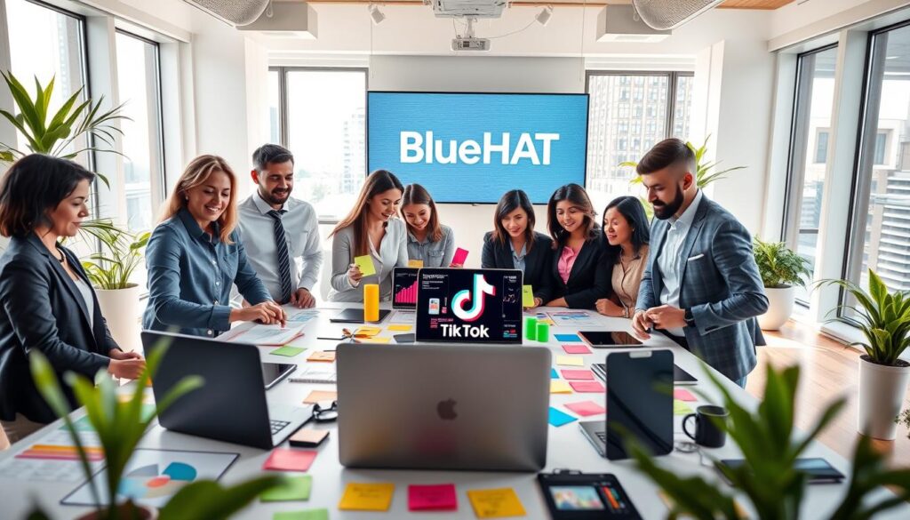 A bright and modern office environment captures the spirit of "high-volume TikTok strategies." In the foreground, a diverse group of professionals, dressed in smart business attire, collaborate around a large table covered with colorful graphs, charts, and devices displaying TikTok analytics. The middle section highlights a sleek laptop with TikTok's logo visible on the screen, surrounded by vibrant sticky notes illustrating creative strategies. In the background, large windows let in natural light, enhancing the atmosphere of innovation and motivation. The scene is framed with potted plants for a touch of green, and a digital display of the brand name "BlueHAT" is prominently featured. The overall mood is energetic and focused, embodying the excitement of mastering social media strategies for wealth creation.
