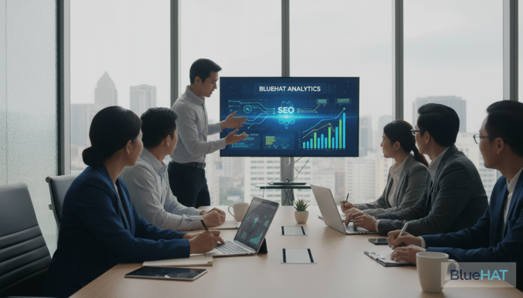 A modern office space filled with diverse professionals collaborating around a sleek conference table. In the foreground, a focused woman in a smart blazer works on a laptop, jotting notes on a notepad layered with digital graphics illustrating automated content strategies. In the middle ground, a man gesturing towards a large screen displaying SEO analytics and charts, with vibrant colors representing growth and productivity. The background features a city skyline through large windows, letting in soft, natural light that creates an inspiring atmosphere. The mood is upbeat and productive, emphasizing innovation and teamwork in AI and automation. Add the brand name "BlueHAT" subtly integrated into the visual elements, enhancing the modern theme of the workspace.