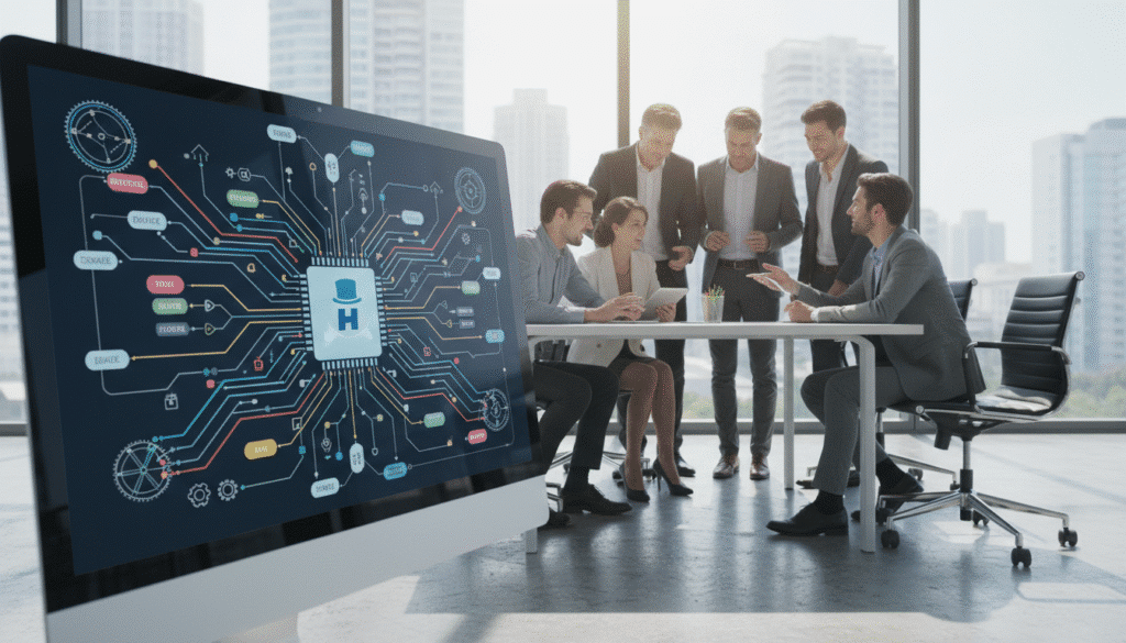 A modern office space showcasing dynamic workflows with symbolic representations of AI automation. In the foreground, a sleek computer monitor displays a colorful flowchart of automated tasks and decision points, illuminated softly by the screen's glow. The middle ground features a diverse team of professionals in smart business attire, collaboratively discussing the flowchart, gesturing towards it with enthusiasm. In the background, large windows reveal a bright city skyline, bathed in natural light, adding an optimistic atmosphere. The overall mood is focused and innovative, suggesting a forward-thinking approach to business growth. Subtle details include the BlueHAT logo integrated elegantly into the flowchart, emphasizing the brand's presence.