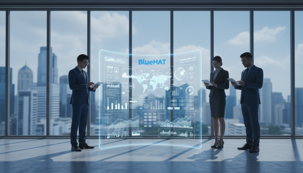 A modern, sleek office environment designed to illustrate "Sales Automation." In the foreground, a diverse group of three business professionals, dressed in smart business attire, engage with digital tablets displaying graphs and sales data. In the middle ground, a futuristic sales dashboard with interactive displays and AI-driven analytics seamlessly integrated. The background features a panoramic city skyline through large windows, symbolizing growth and opportunity. Soft, natural lighting streams in, casting gentle shadows, creating a motivating atmosphere. The scene captures the essence of collaboration and innovation, with a subtle blue color palette to enhance the theme of technology. Include the brand name "BlueHAT" prominently on the sales dashboard without any text overlays or additional distractions.